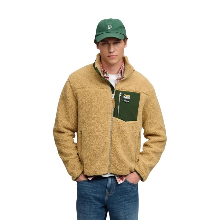 Superdry sudadera de forro polar beige para hombre vista frontal