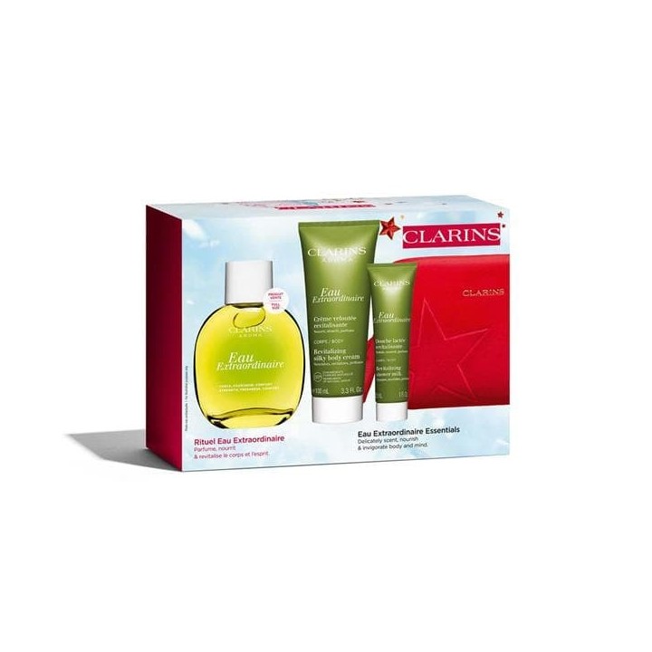 Estuche Clarins Eau Extraordinaire con colonia y cremas en envases verdes vista frontal