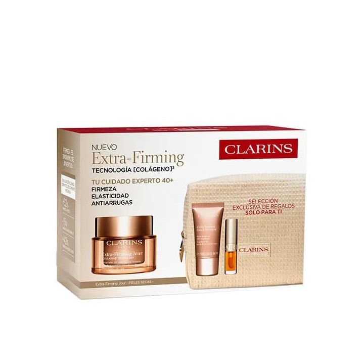 Lote facial extra-firming de clarins para mujer pieles secas con neceser beige vista frontal