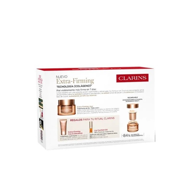 lote clarins extra-firming para piel seca vista frontal con crema y accesorios del kit