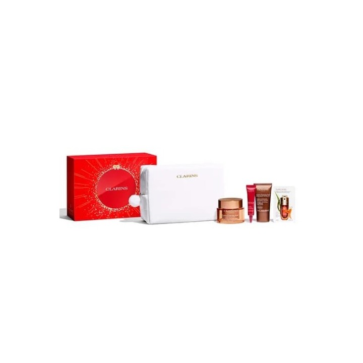 Set facial Clarins extra-firming para piel normal con estuche blanco vista frontal