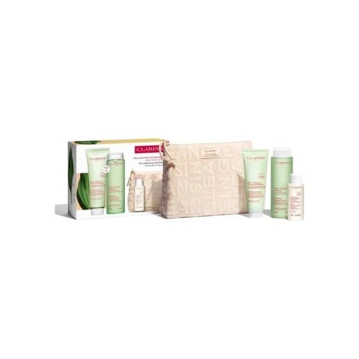Set de limpieza facial clarins para piel grasa con neceser beige vista frontal