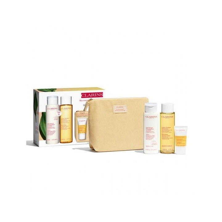 Set de limpieza facial Clarins para piel normal con neceser beige vista frontal