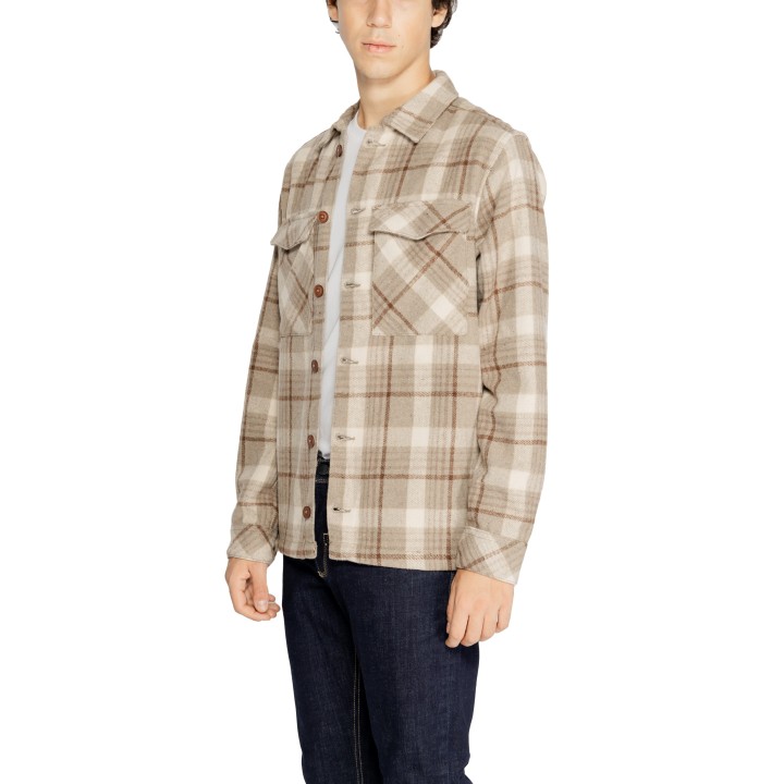 HAMAKI-HO GBI1581H camisa beige de hombre de cuadros en vista de tres cuartos