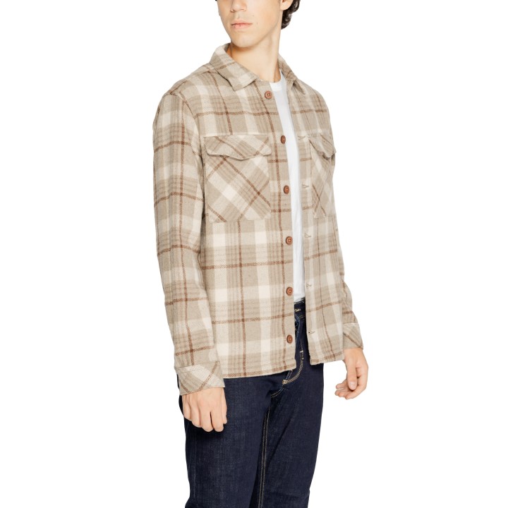 HAMAKI-HO GBI1581H camisa beige de hombre de cuadros en vista de tres cuartos