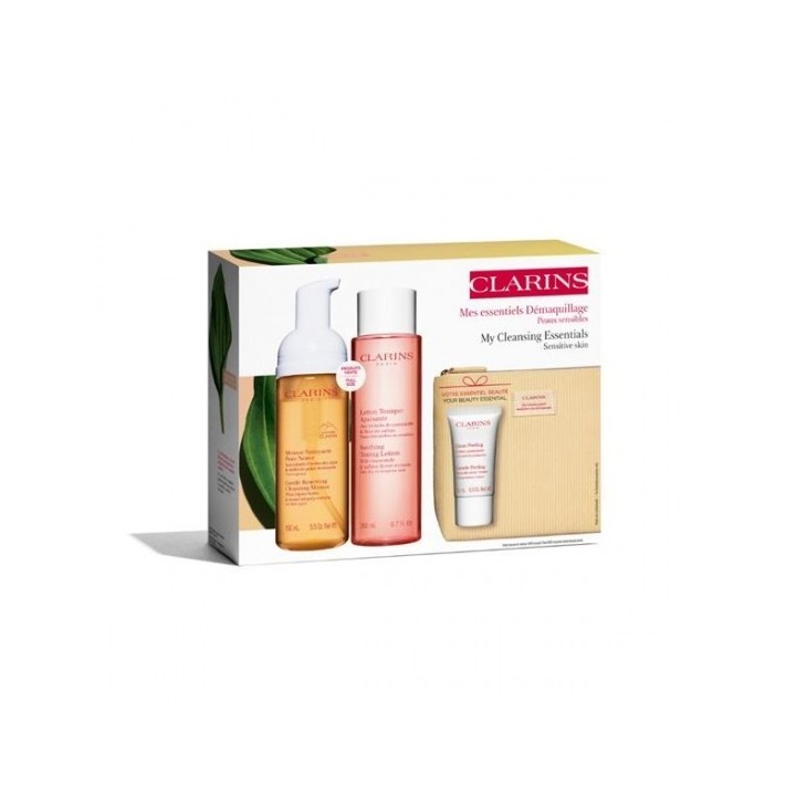 Set de limpieza facial Clarins para piel sensible con packaging blanco y rosa vista frontal