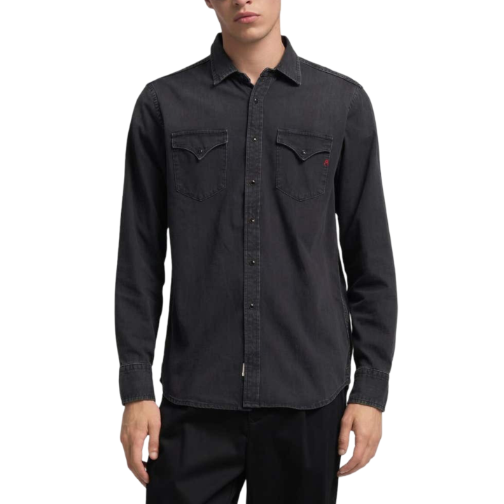 Replay camisa de hombre negra de manga larga vista frontal