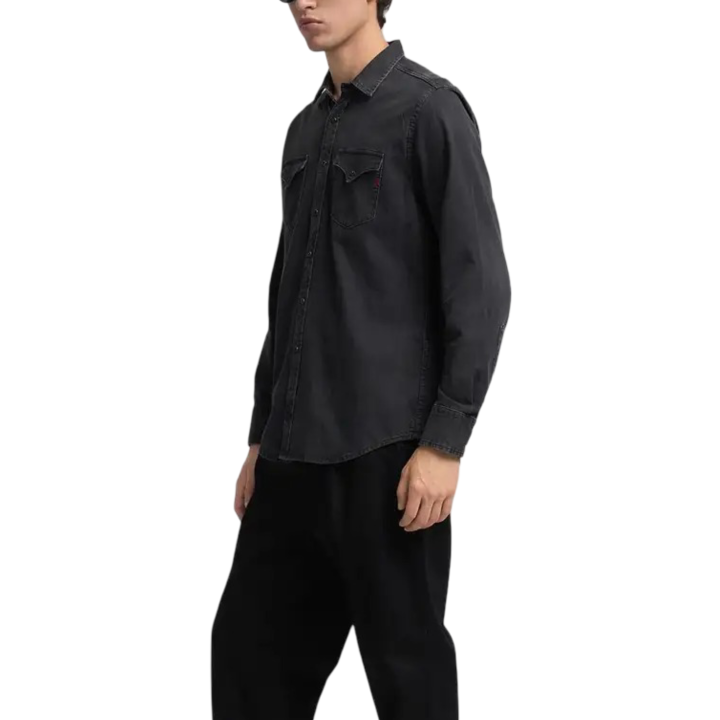 Replay camisa de hombre negra de manga larga vista tres cuartos