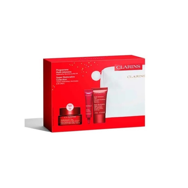 Set de cuidado facial multi-intensive Clarins para piel normal en caja roja vista frontal