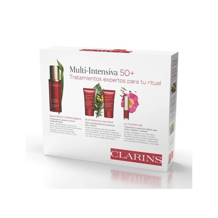 Estuche Clarins lote Multi-Intensiva 50 plus tratamiento antiedad packaging blanco y rojo vista frontal