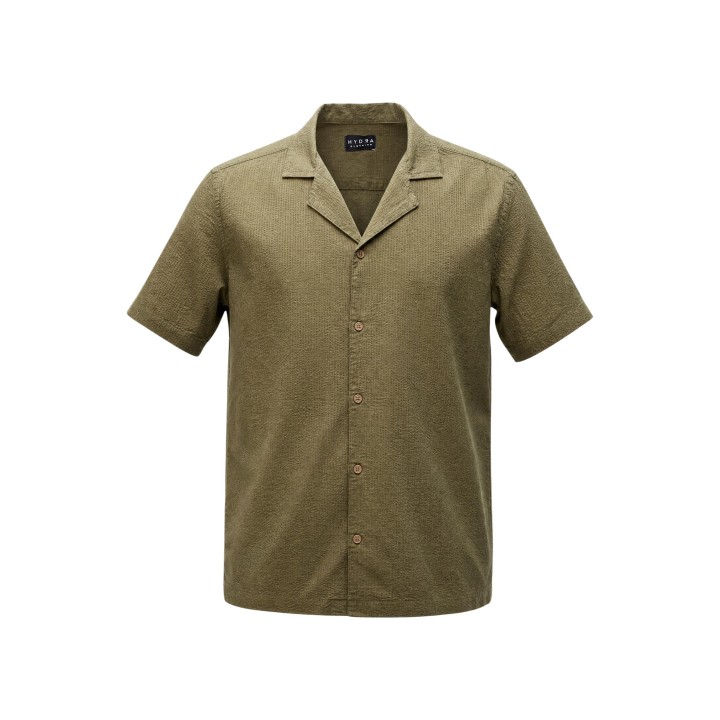 Hydra Clothing camisa de hombre verde oliva detalle frontal de la prenda