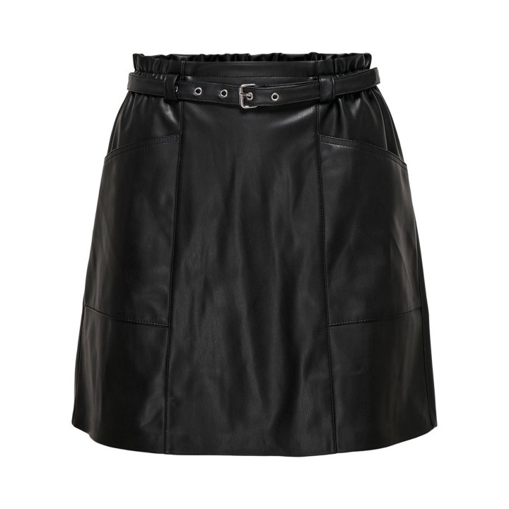 Only falda de mujer negra de cuero sintético con cinturón vista frontal