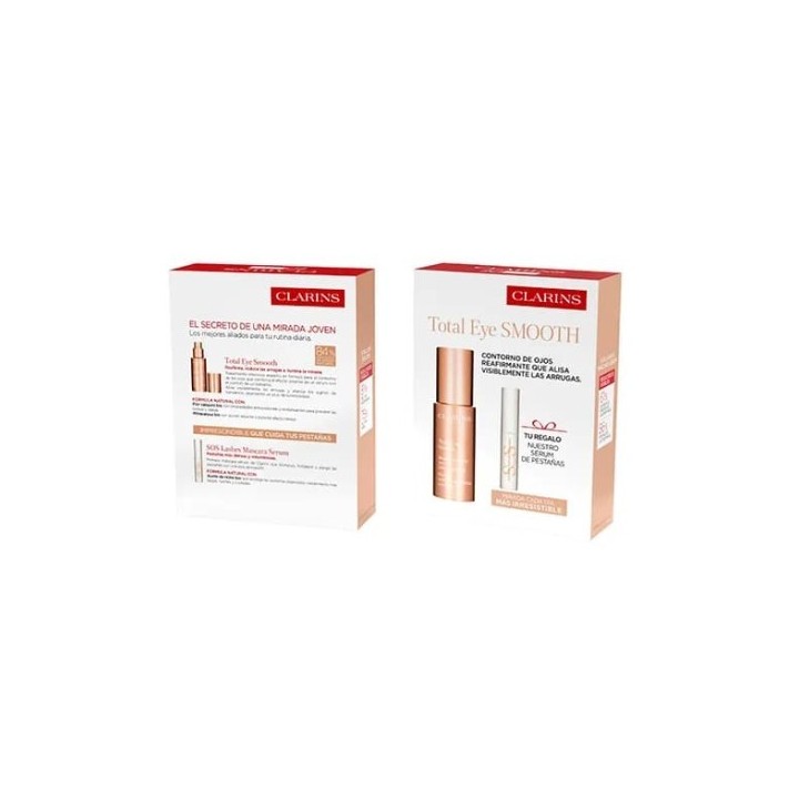 Lote contorno de ojos Clarins Total Eye Smooth 15 ml caja rosa vista frontal y trasera