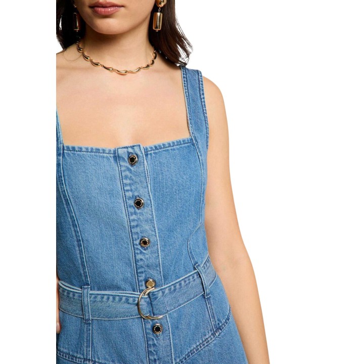 Detalle frontal del vestido de mujer Morgan De Toi 261-RABLAI en vaquero azul claro