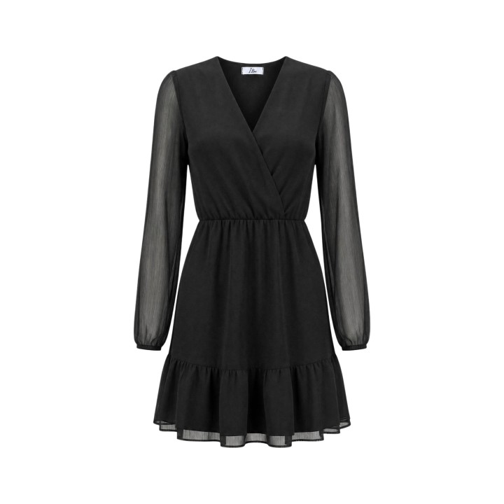 I am vestido corto de mujer negro 26076 con mangas semitransparentes detalle frontal