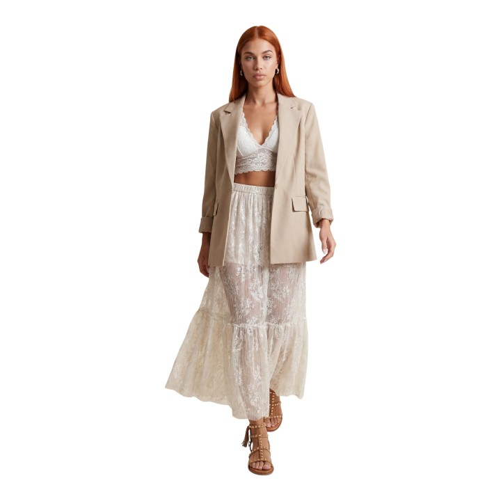 I am falda larga de encaje beige para mujer PE26065 vista frontal