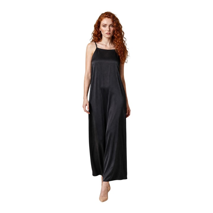 Vestido largo negro de raso de viscosa para mujer I am vista frontal