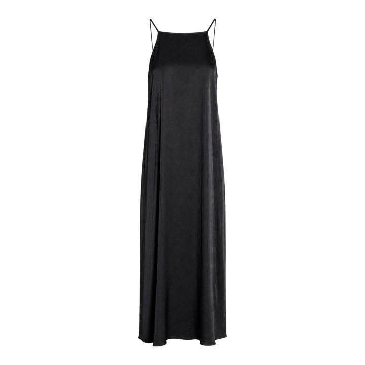 Vestido largo negro de raso de viscosa para mujer I am vista frontal