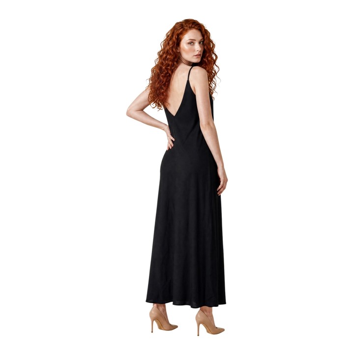 Vestido largo negro de raso de viscosa para mujer I am vista posterior