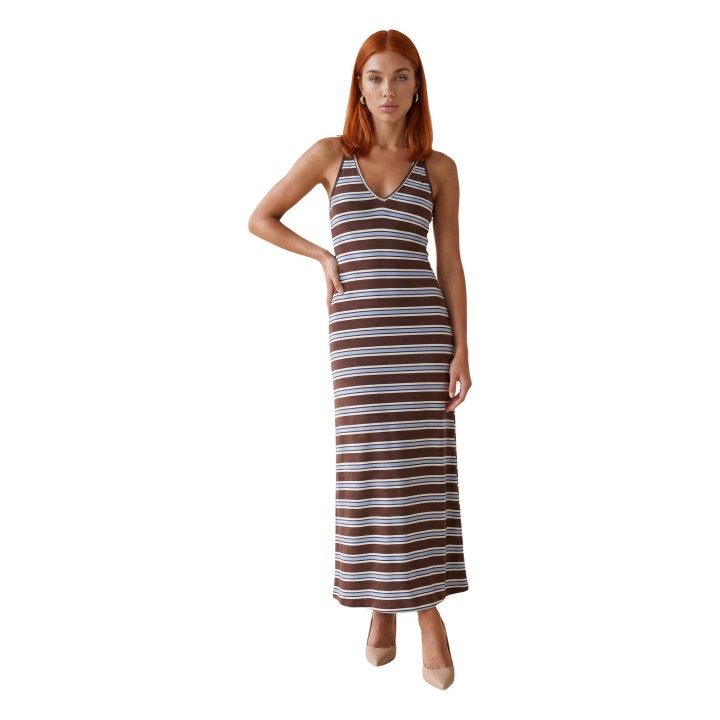 I am vestido de mujer marrón de algodón a rayas 25260 vista frontal