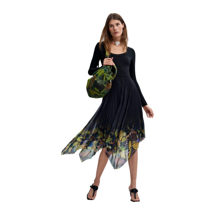 Desigual vestido negro de mujer con falda plisada estampada vista frontal