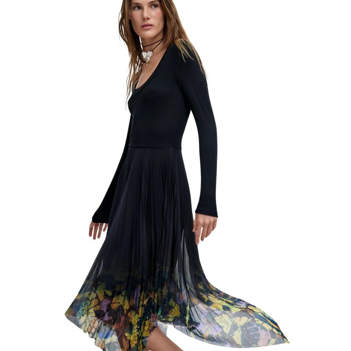 Desigual vestido negro de mujer con falda plisada estampada detalle frontal
