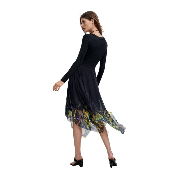 Desigual vestido negro de mujer con falda plisada estampada vista posterior