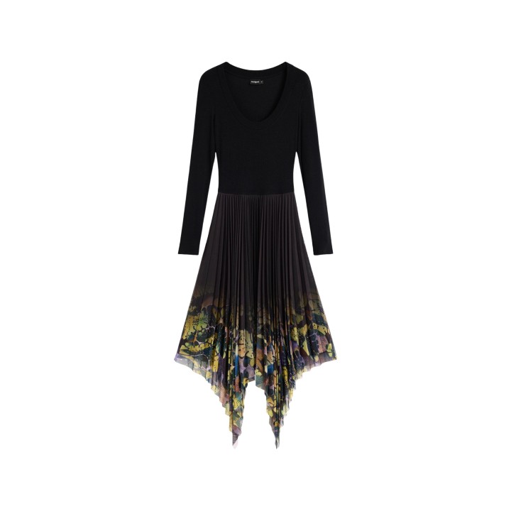 Desigual vestido negro de mujer con falda plisada y bajo estampado vista frontal
