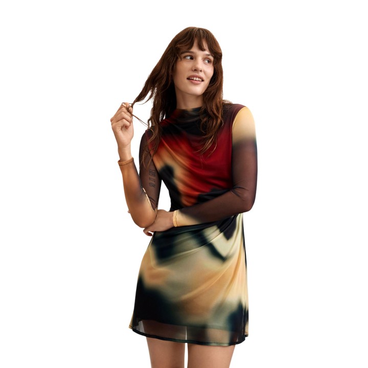 Desigual vestido corto de mujer negro estampado de malla vista frontal