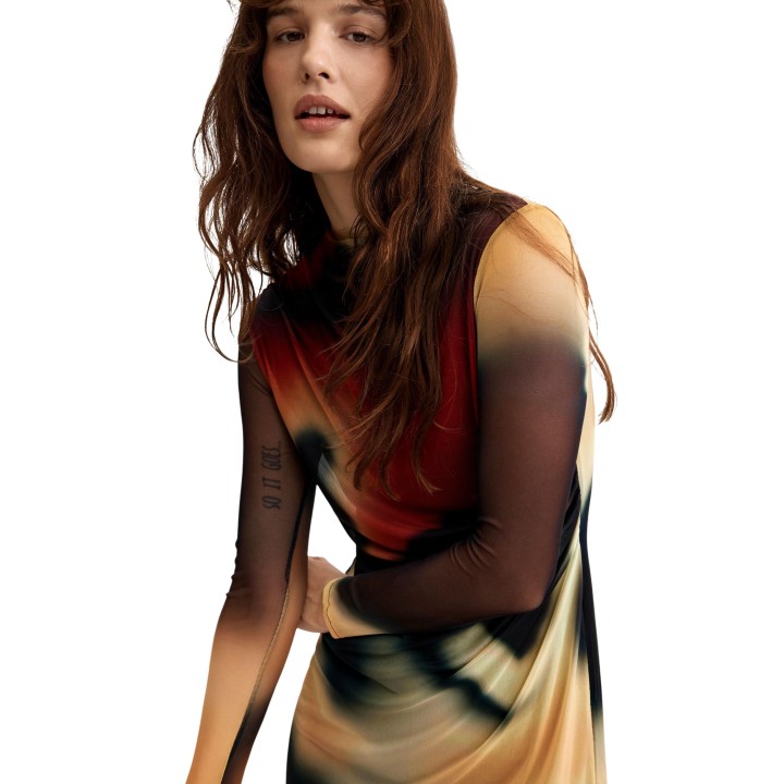 Desigual vestido corto de mujer negro estampado detalle del tejido de malla