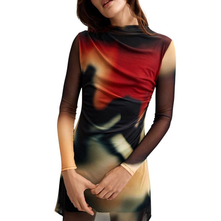 Desigual vestido corto de mujer negro estampado detalle frontal del tejido de malla