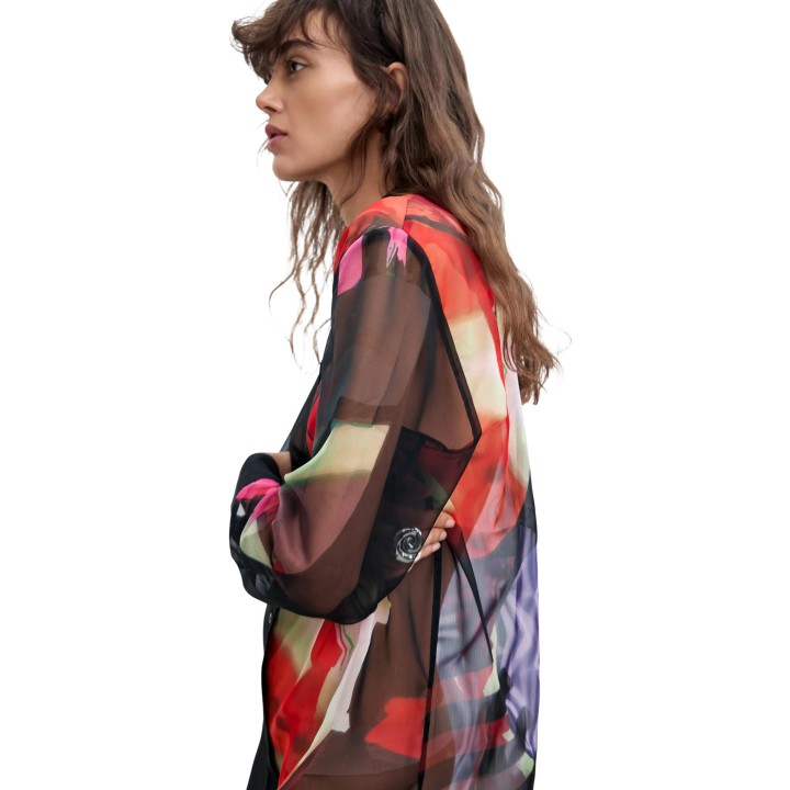 Desigual vestido de mujer negro con mangas transparentes estampadas vista lateral