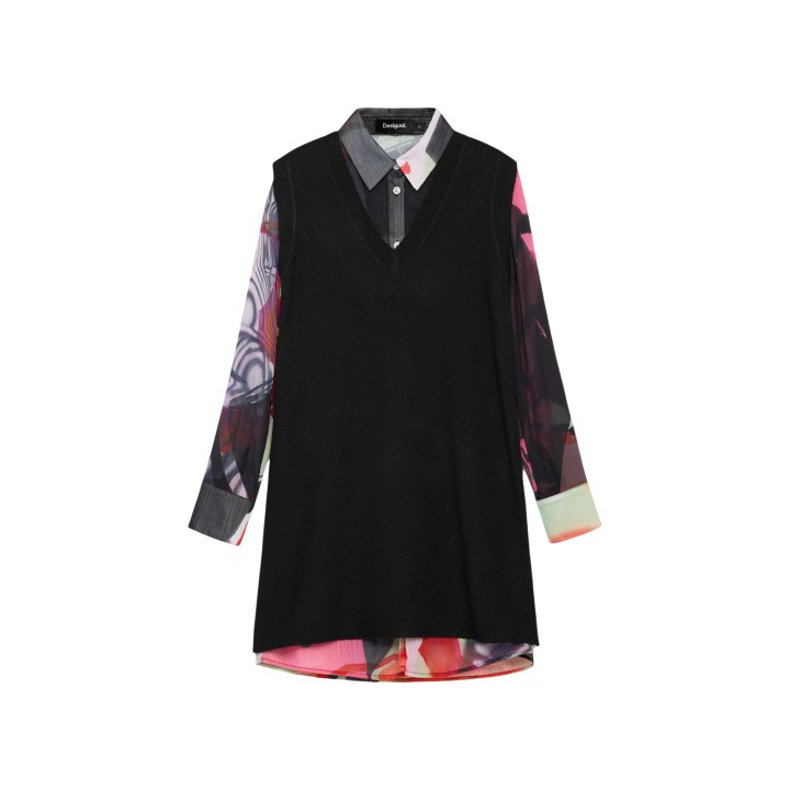 Desigual vestido negro de mujer 26WWVW43 con mangas transparentes estampadas detalle frontal