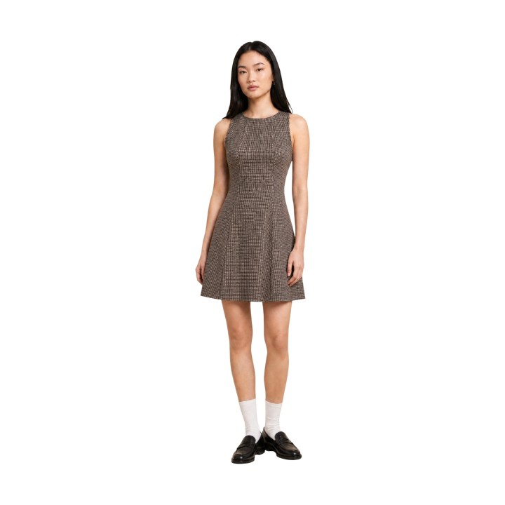 Only vestido corto de mujer negro y beige con estampado de cuadros vista frontal