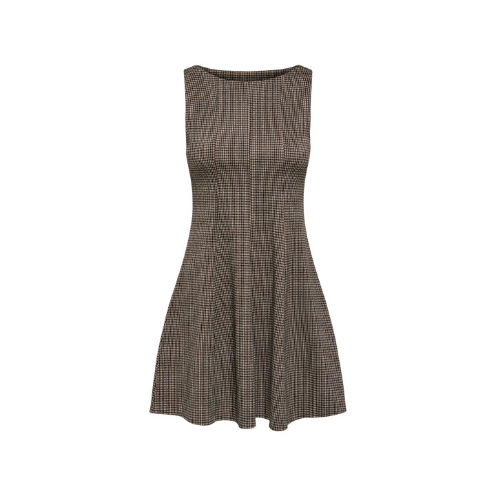 Only vestido corto de mujer negro y beige con estampado de cuadros vista frontal