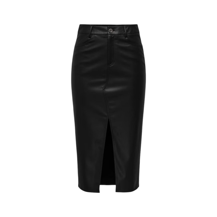 Only falda midi de mujer negra de cuero sintético vista frontal