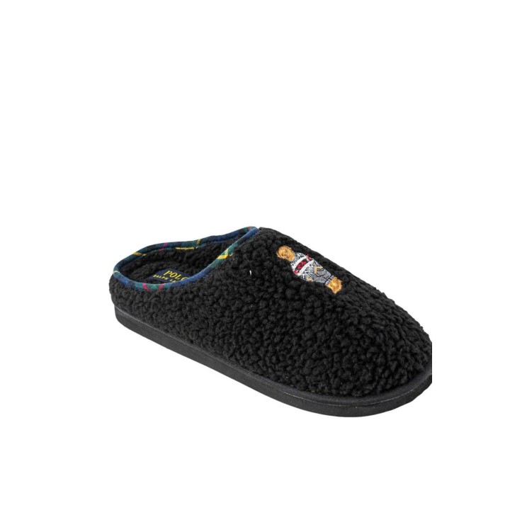 Ralph Lauren zapatilla de casa de mujer Charlotte Scuff Bear negra de tejido vista tres cuartos