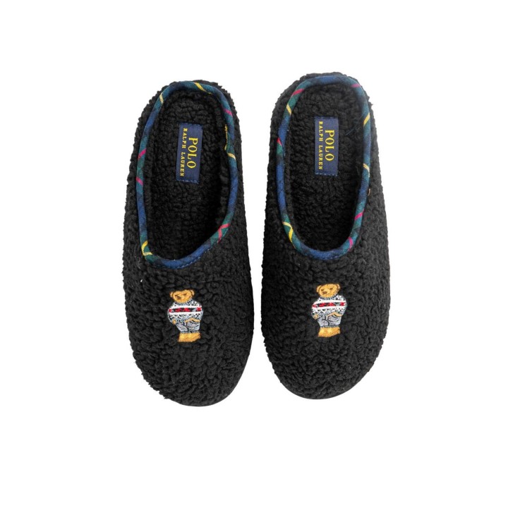 Ralph Lauren zapatillas de casa de mujer Charlotte Scuff Bear negras de tejido vista superior
