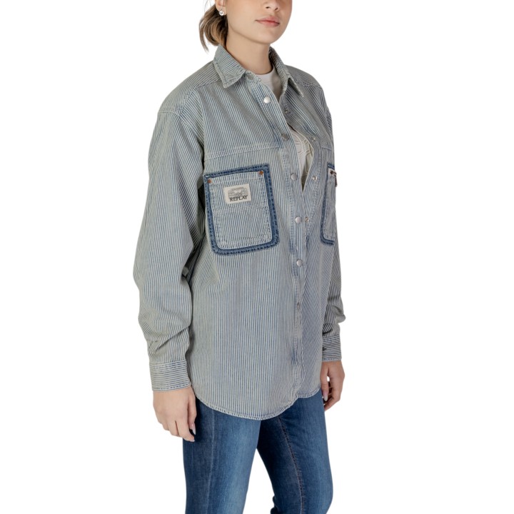 Replay camisa de mujer azul a rayas vista de tres cuartos