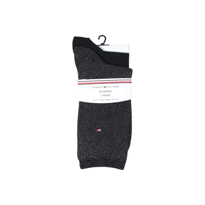 Tommy Hilfiger calcetines de mujer negros y plateados referencia 371221 vista frontal con etiqueta