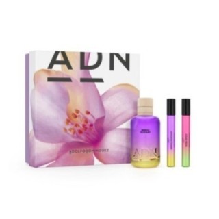 Estuche de perfume unisex A. Domínguez ADN Neroli Ecstasy con botella violeta degradado y dos roll-on vista frontal