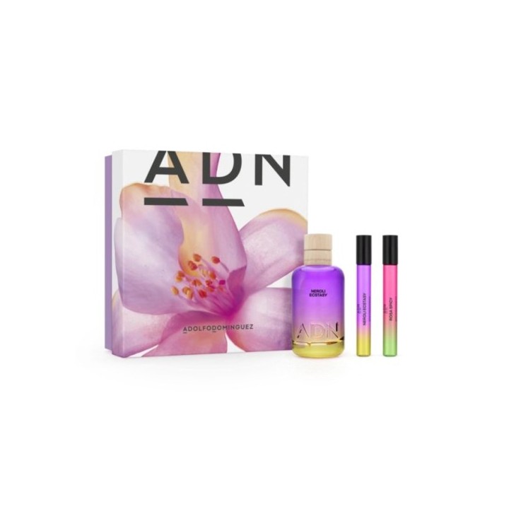 Estuche de perfume unisex A. Domínguez ADN Neroli Ecstasy con botella violeta degradado y dos roll-on vista frontal