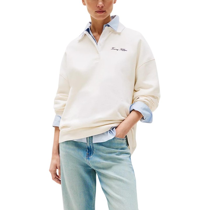 Tommy Hilfiger sudadera rugby de mujer color marfil en tejido piqué vista frontal