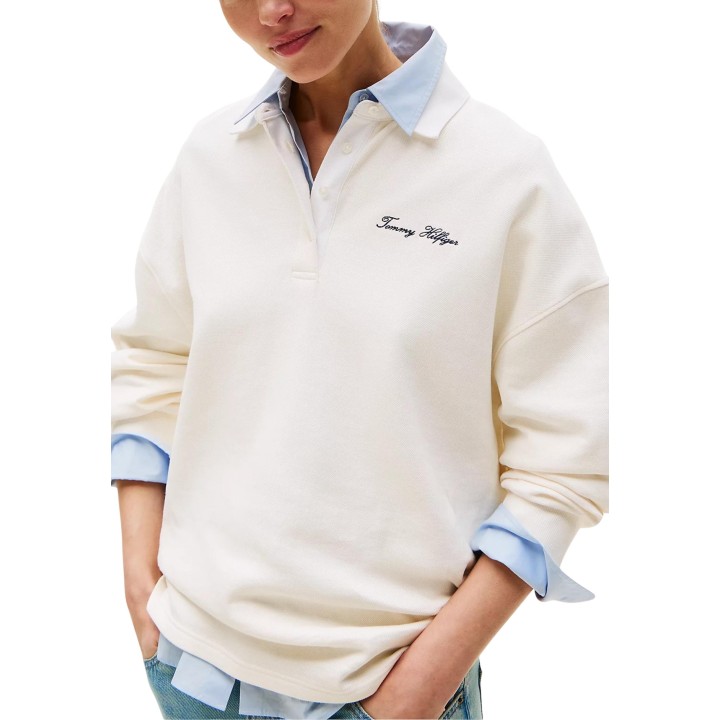 Tommy Hilfiger sudadera rugby de mujer marfil en tejido piqué detalle frontal