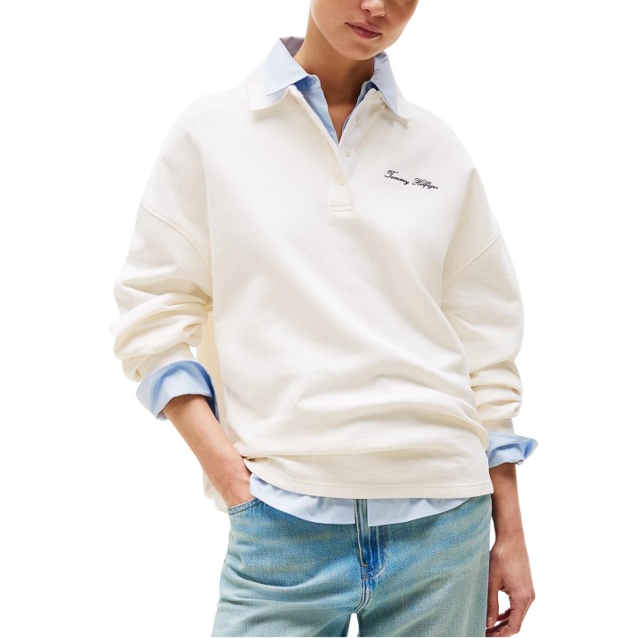 Tommy Hilfiger sudadera rugby de mujer color marfil en tejido piqué vista de tres cuartos