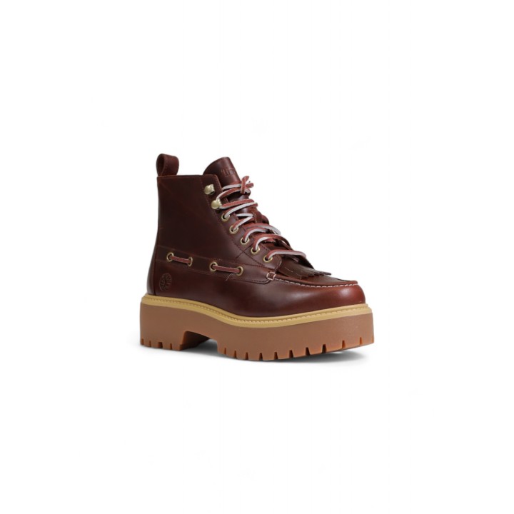 Timberland Mid Lace Boot de mujer en cuero color cuero vista tres cuartos