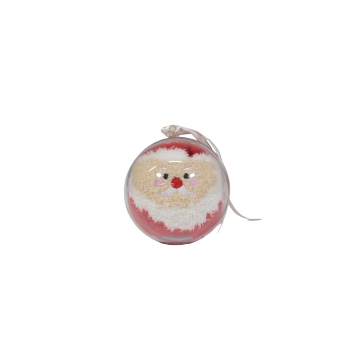 Only calcetín navideño rojo de mujer dentro de bola decorativa transparente vista frontal