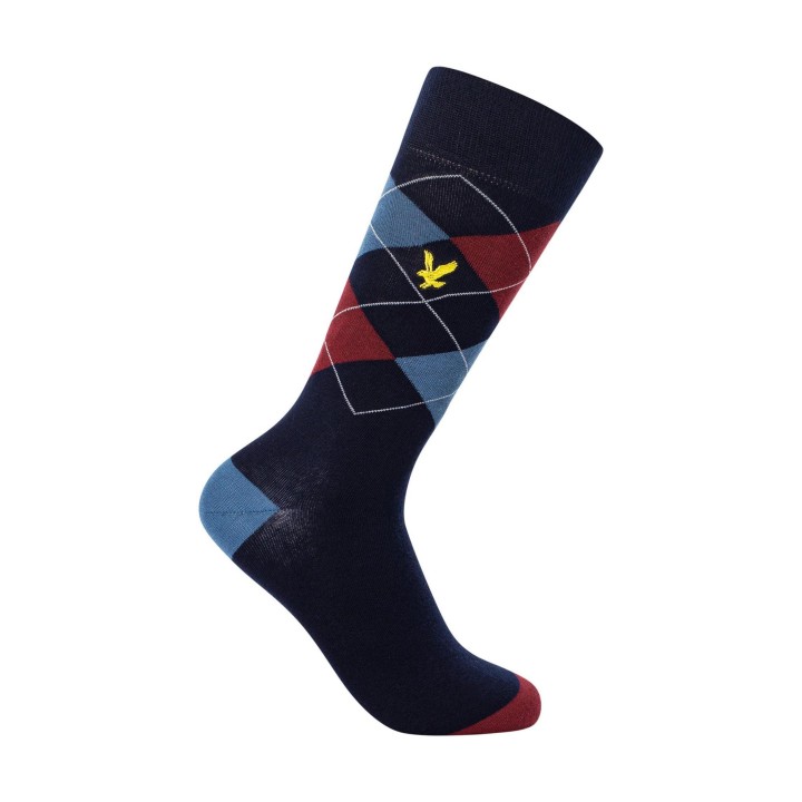 Lyle & Scott calcetín de hombre azul marino y burdeos con rombos vista lateral