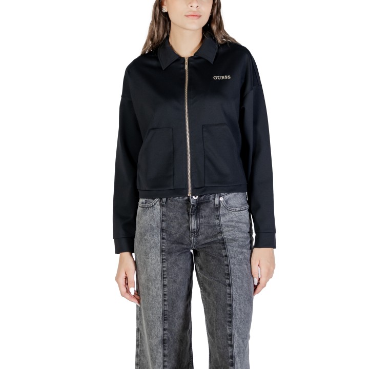 Guess Active sudadera corta negra de mujer Carla Crop Zip Jacket vista frontal