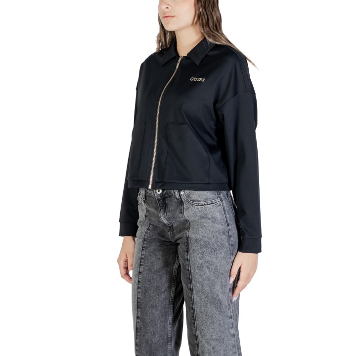 Guess Active sudadera corta negra de mujer Carla Crop Zip Jacket vista de tres cuartos